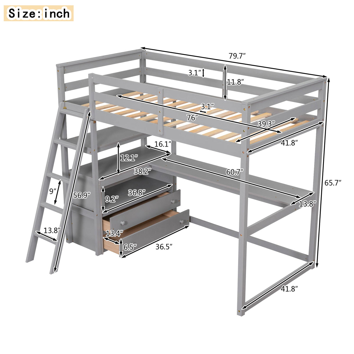Twin Loft Bed with Desk, Shelves & Drawers for Kids