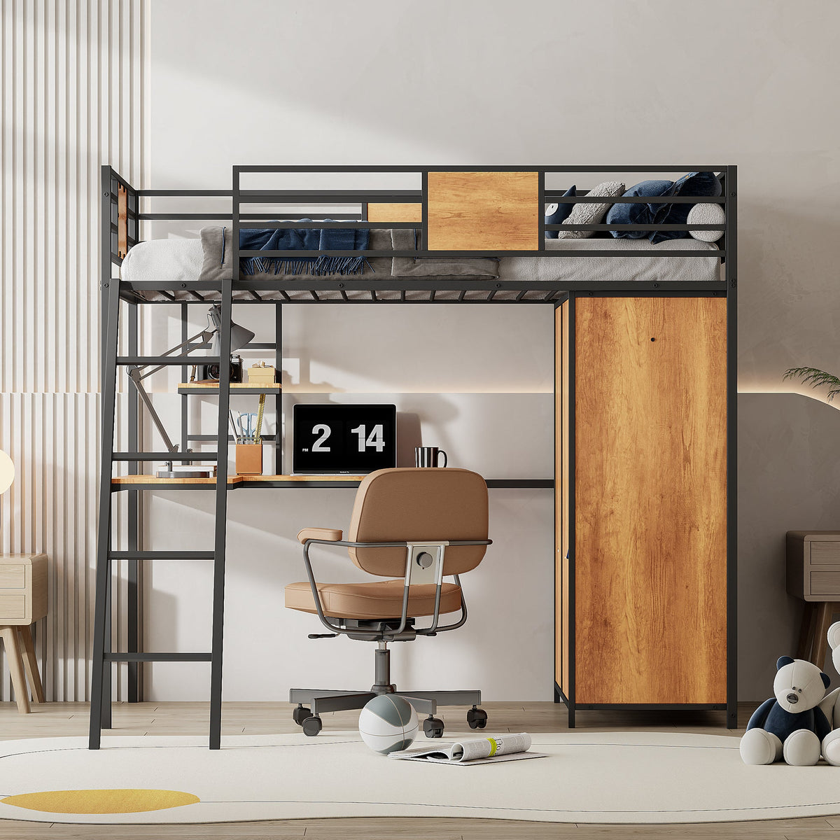 Twin Loft Bed with Desk and Wardrobe in Black Metal