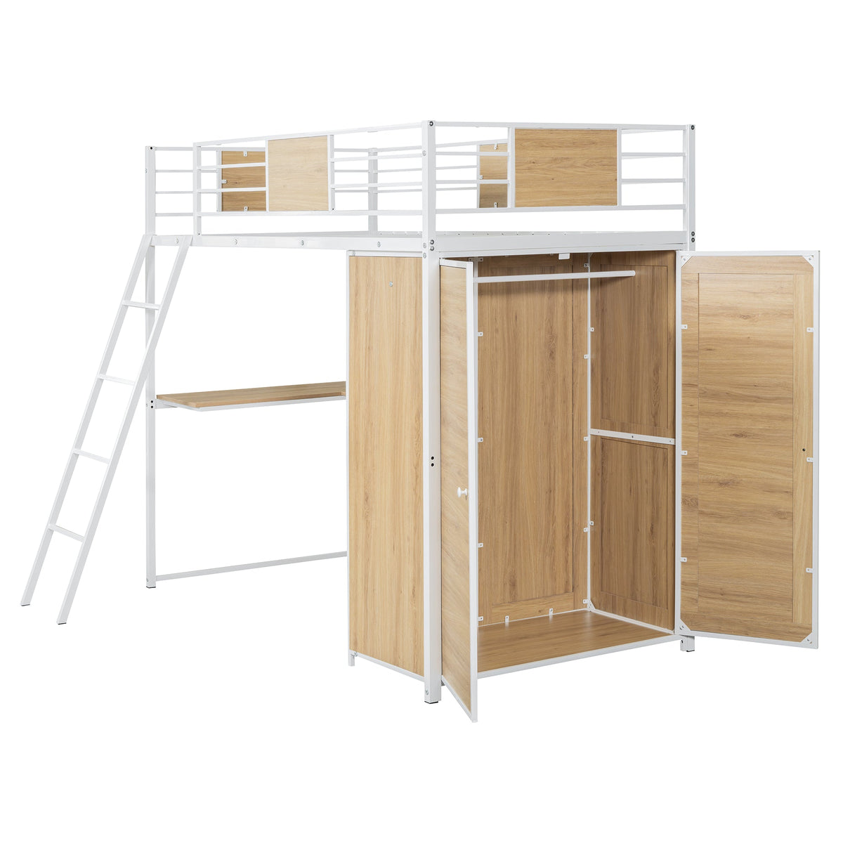 Twin Loft Bed with Desk and Wardrobe, White Metal Frame