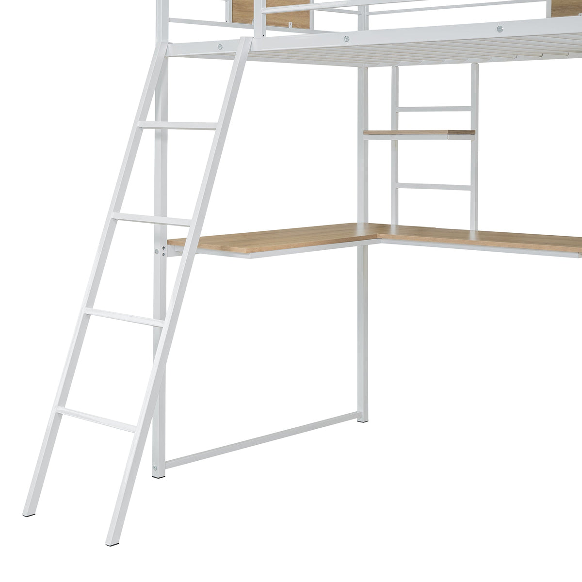Twin Loft Bed with Desk and Wardrobe, White Metal Frame