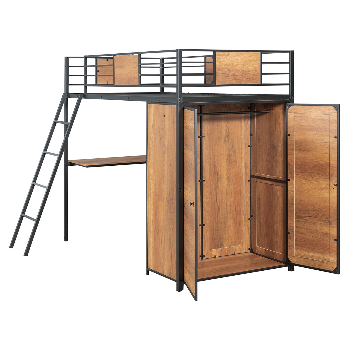 Twin Loft Bed with Desk and Wardrobe in Black Metal