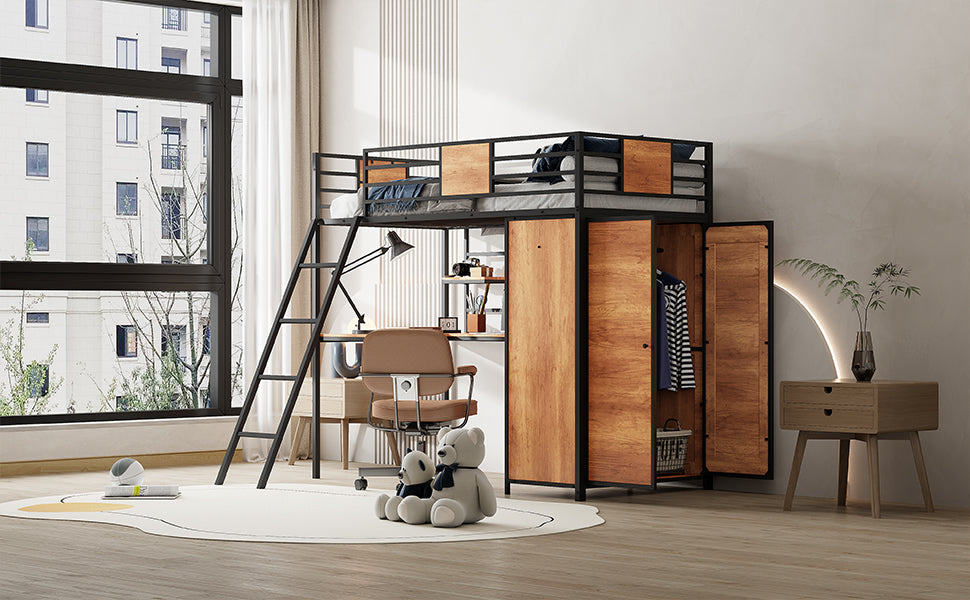 Twin Loft Bed with Desk and Wardrobe in Black Metal