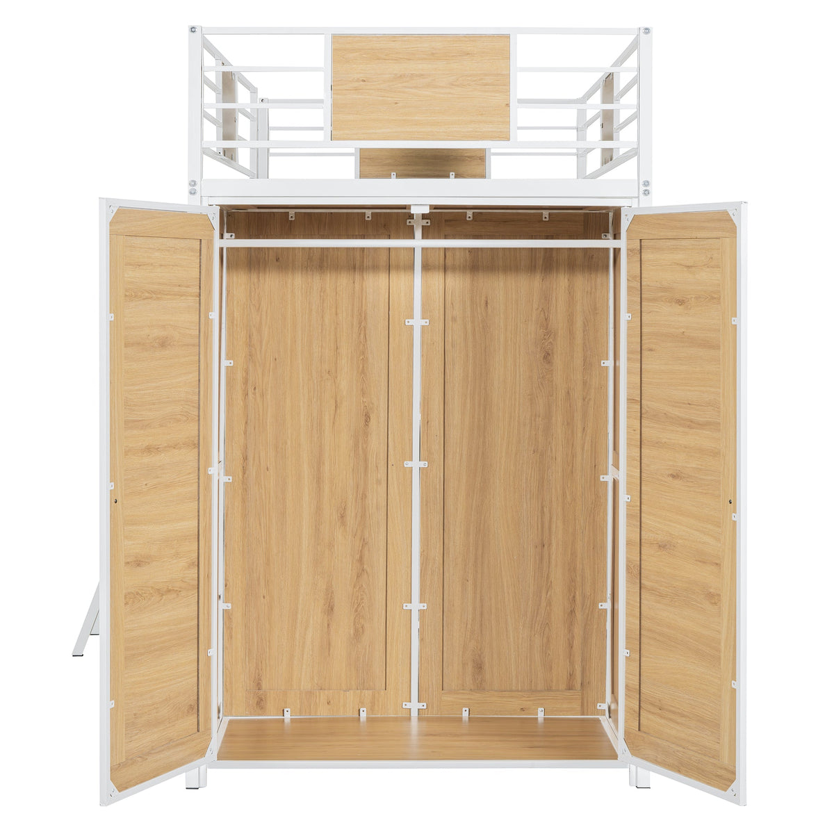 Twin Loft Bed with Desk and Wardrobe, White Metal Frame