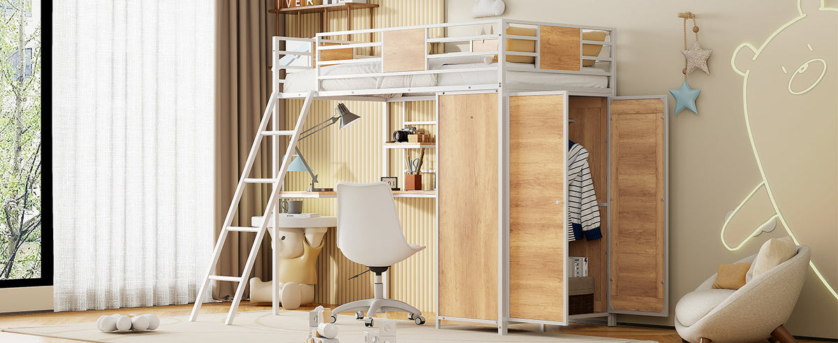 Twin Loft Bed with Desk and Wardrobe, White Metal Frame