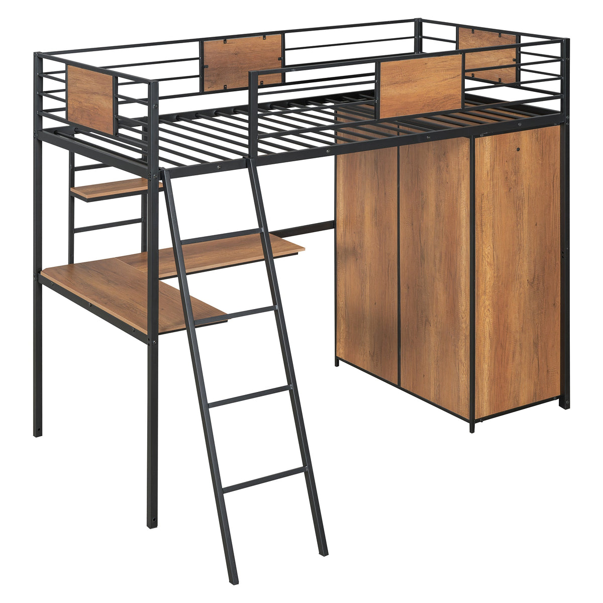 Twin Loft Bed with Desk and Wardrobe in Black Metal