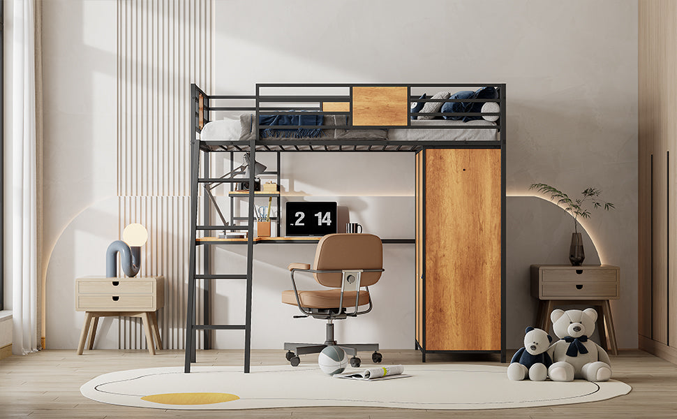 Twin Loft Bed with Desk and Wardrobe in Black Metal