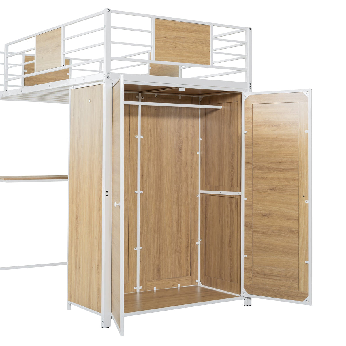 Twin Loft Bed with Desk and Wardrobe, White Metal Frame