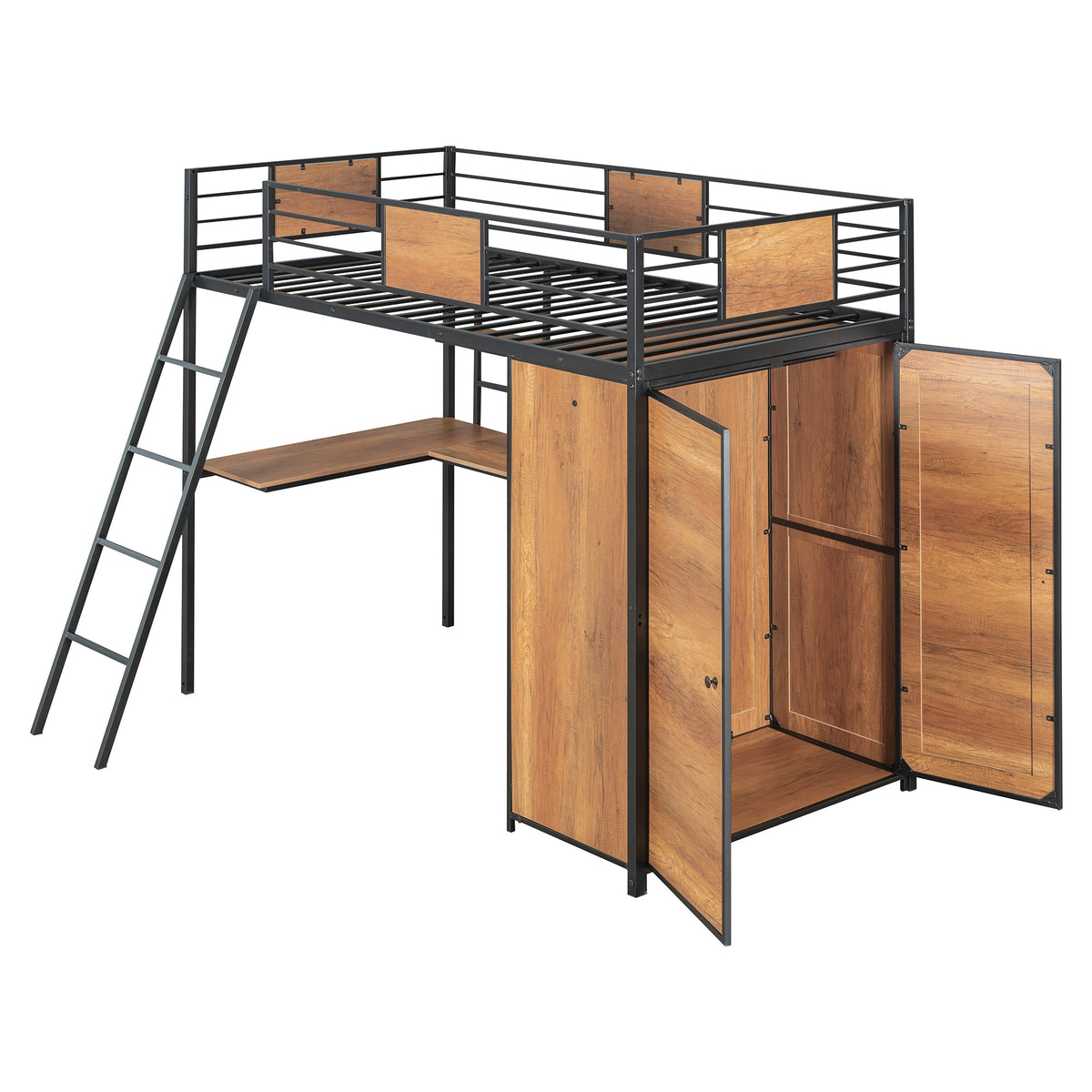Twin Loft Bed with Desk and Wardrobe in Black Metal