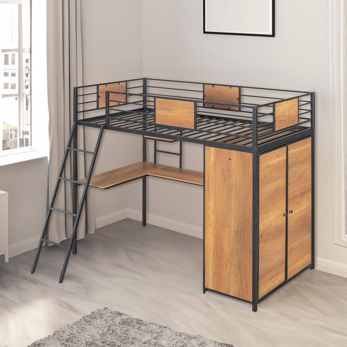 Twin Loft Bed with Desk and Wardrobe in Black Metal