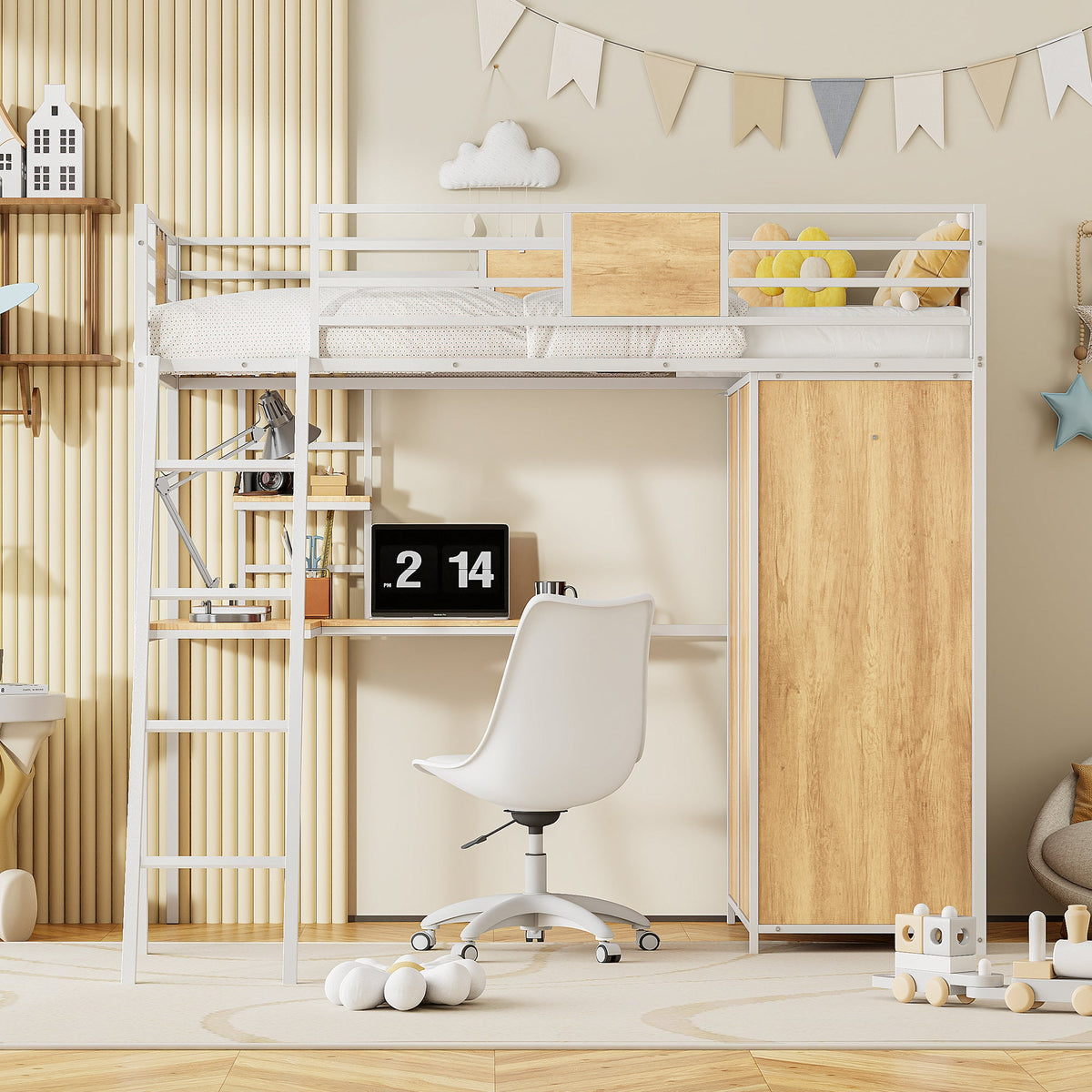 Twin Loft Bed with Desk and Wardrobe, White Metal Frame