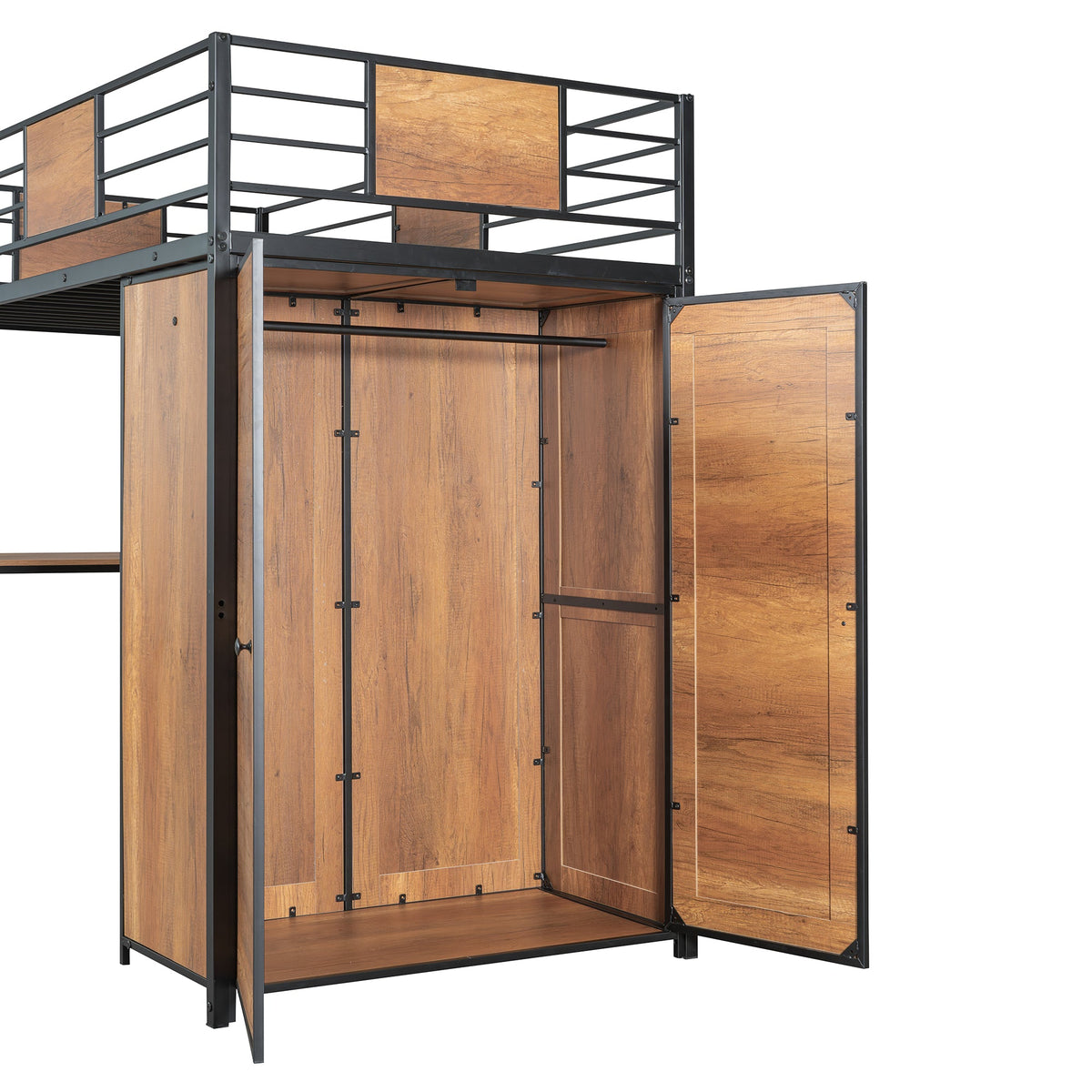 Twin Loft Bed with Desk and Wardrobe in Black Metal