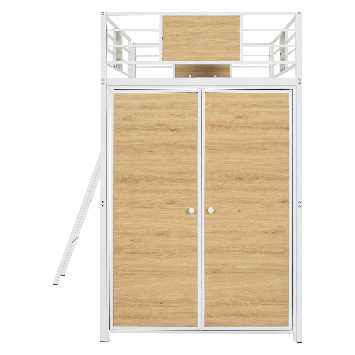 Twin Loft Bed with Desk and Wardrobe, White Metal Frame