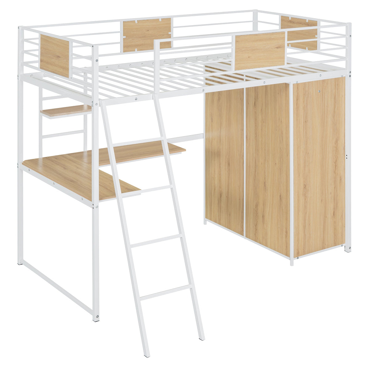 Twin Loft Bed with Desk and Wardrobe, White Metal Frame