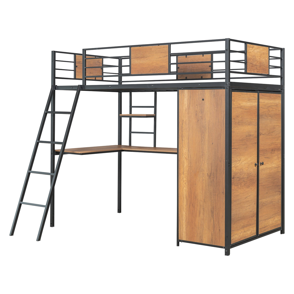 Twin Loft Bed with Desk and Wardrobe in Black Metal