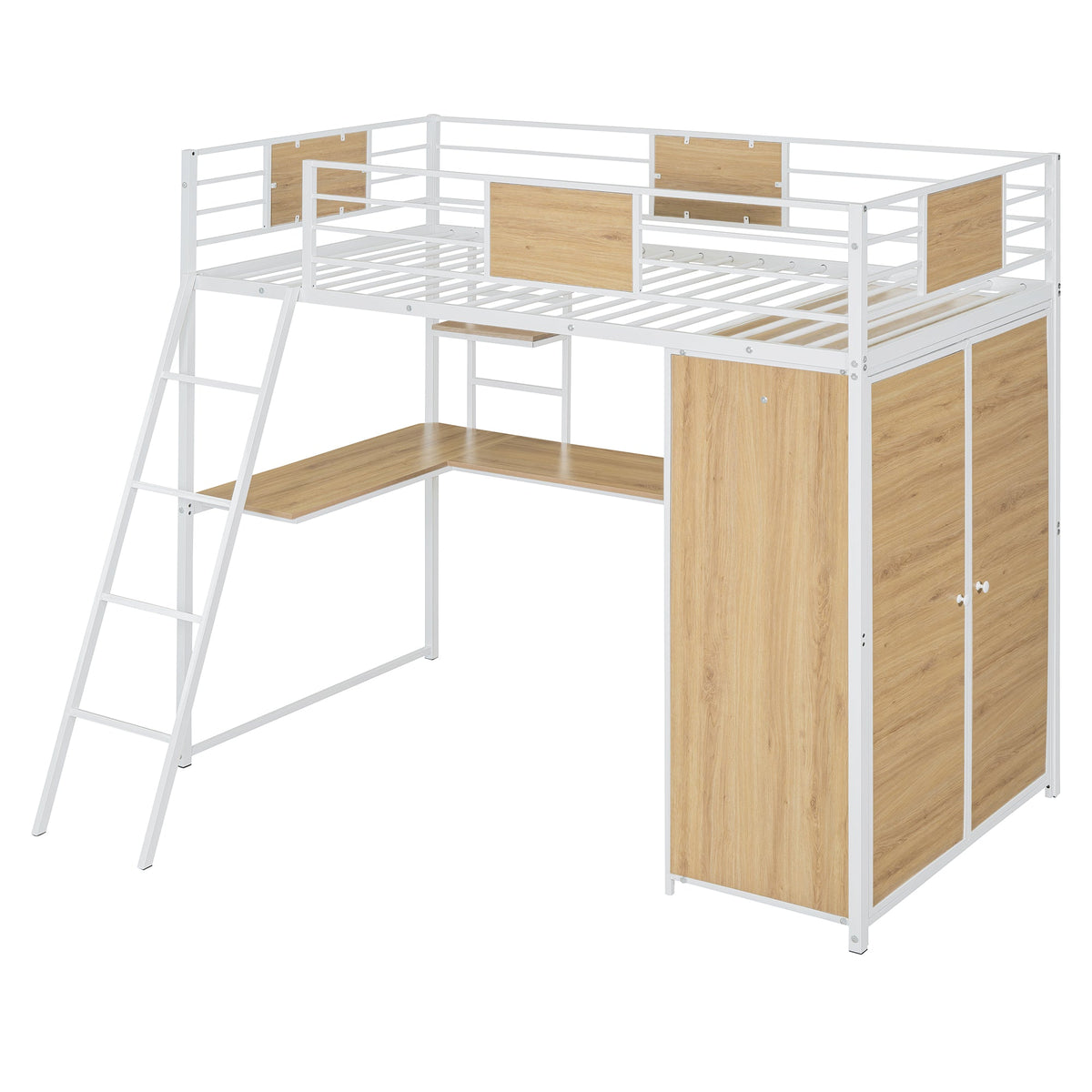 Twin Loft Bed with Desk and Wardrobe, White Metal Frame