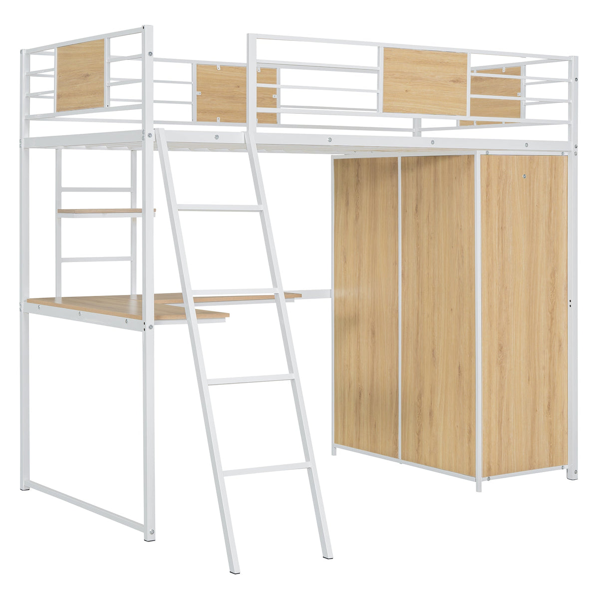 Twin Loft Bed with Desk and Wardrobe, White Metal Frame