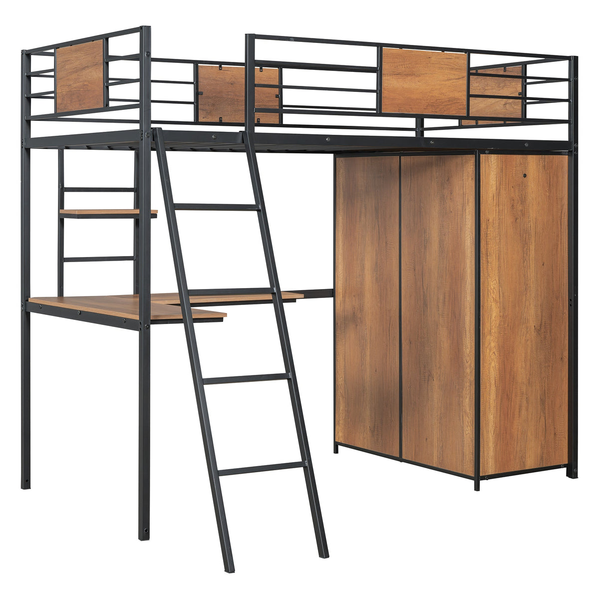 Twin Loft Bed with Desk and Wardrobe in Black Metal