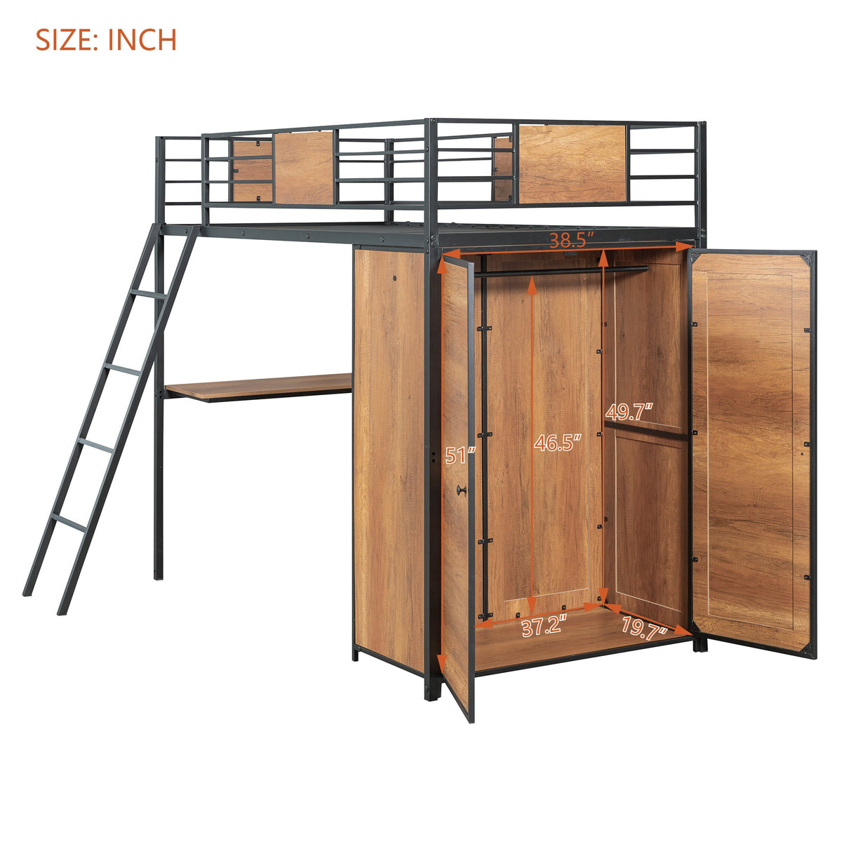 Twin Loft Bed with Desk and Wardrobe in Black Metal