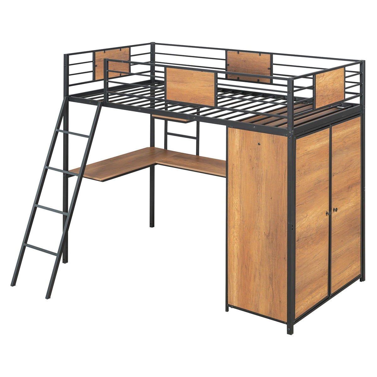 Twin Loft Bed with Desk and Wardrobe in Black Metal