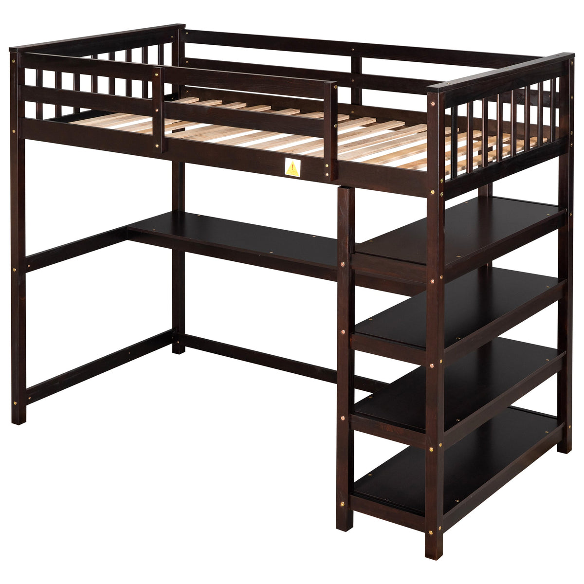 Twin Loft Bed with Desk and Shelves, Espresso Wood