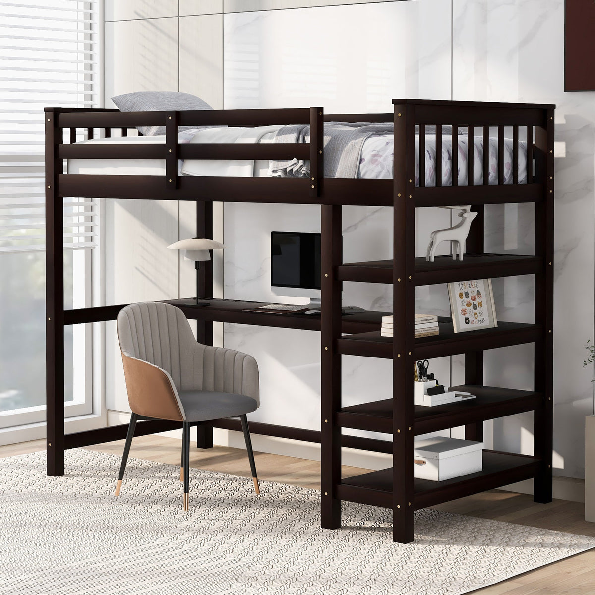 Twin Loft Bed with Desk and Shelves, Espresso Wood