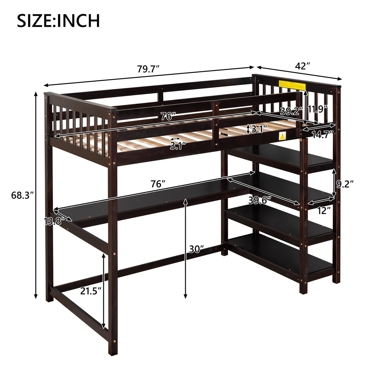 Twin Loft Bed with Desk and Shelves, Espresso Wood