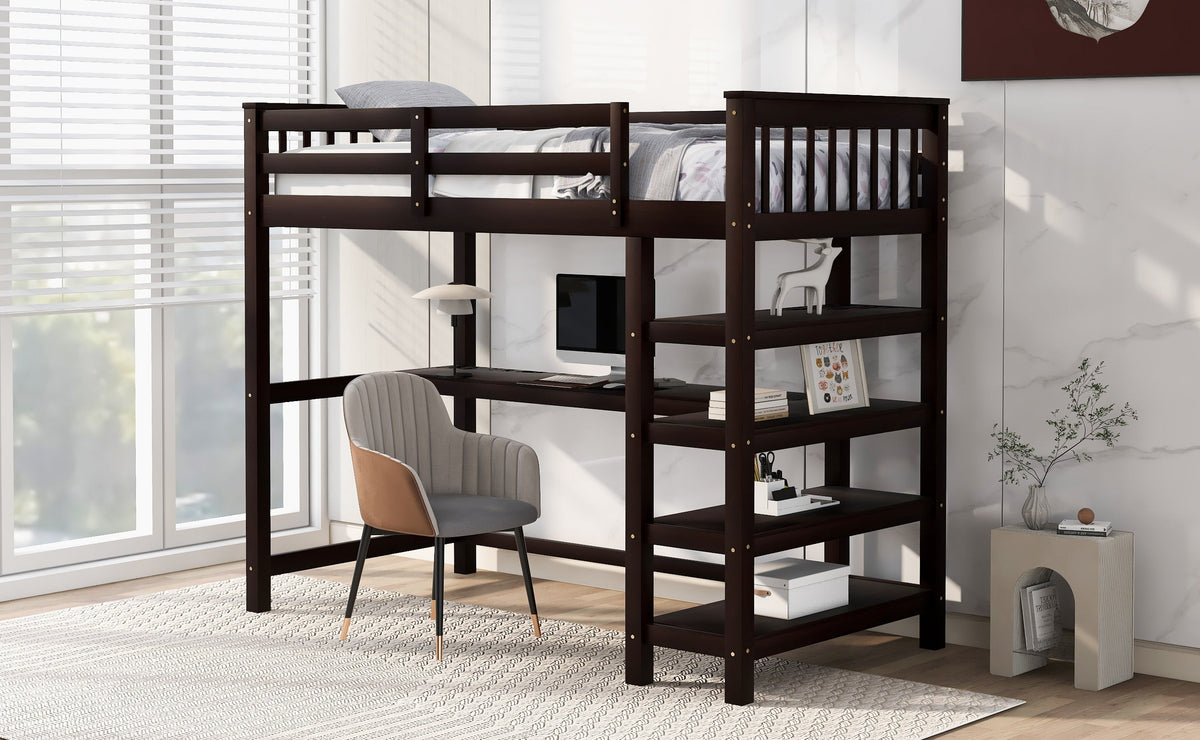 Twin Loft Bed with Desk and Shelves, Espresso Wood