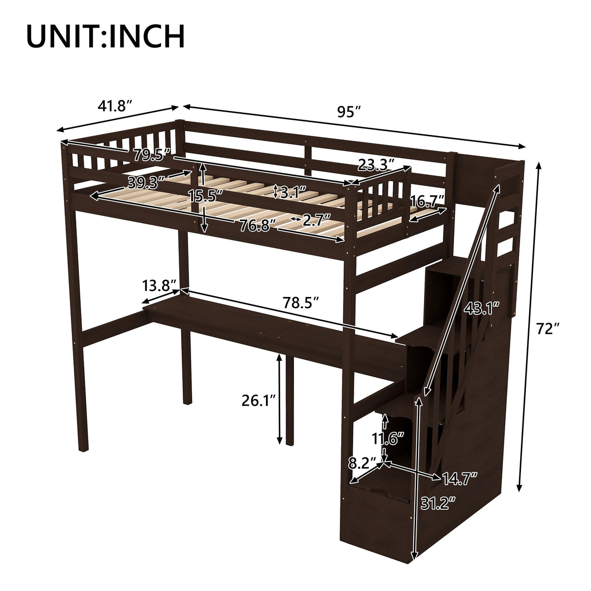 Twin Loft Bed with Storage Staircase and Built-in Desk