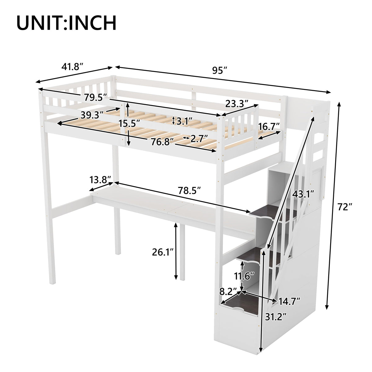 Twin Loft Bed with Storage Staircase and Desk