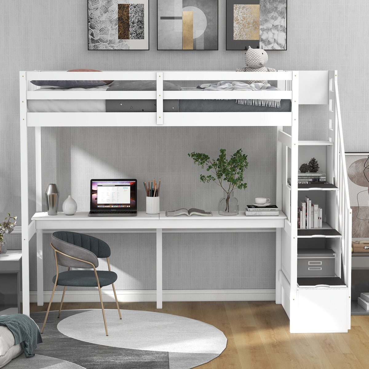 Twin Loft Bed with Storage Staircase and Desk
