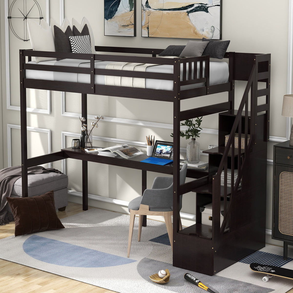 Twin Loft Bed with Storage Staircase and Built-in Desk