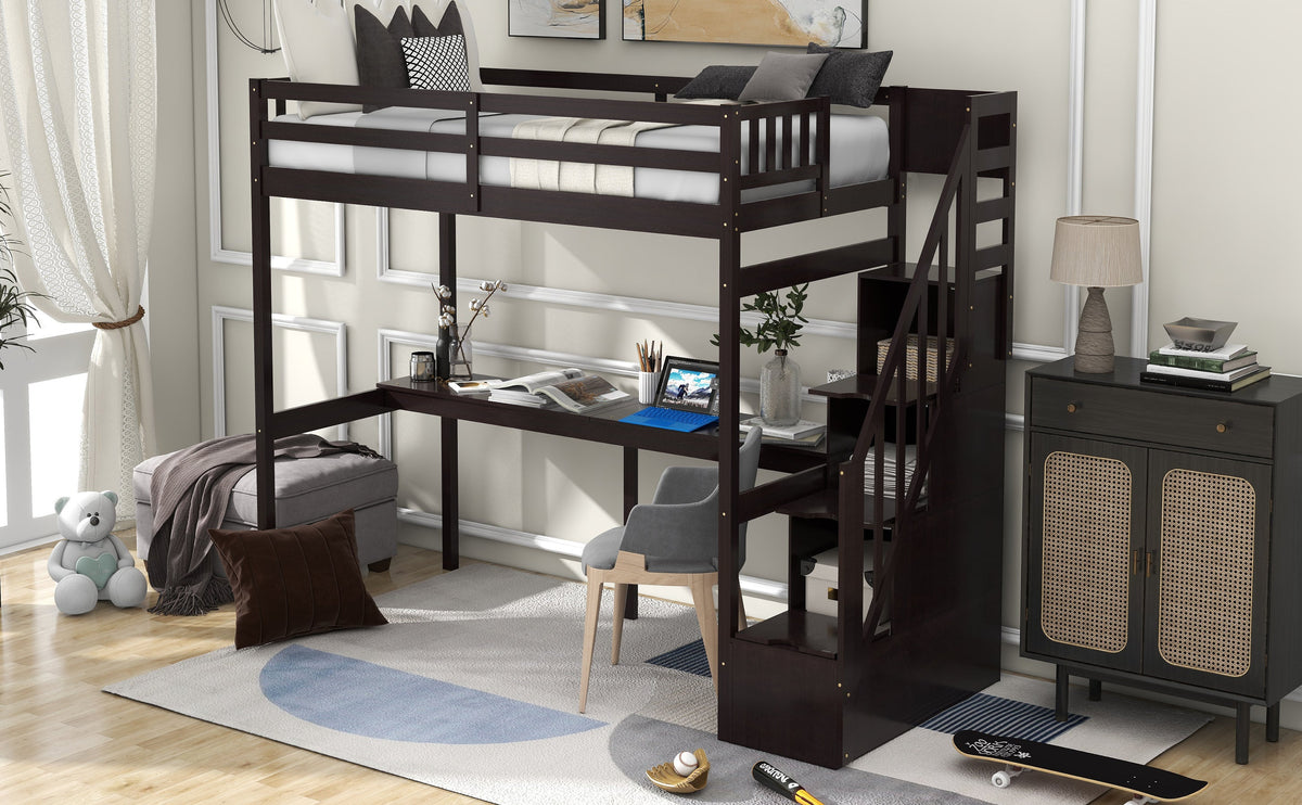 Twin Loft Bed with Storage Staircase and Built-in Desk