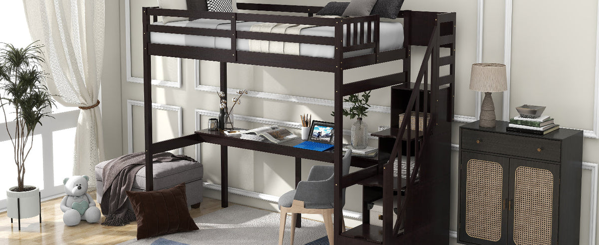Twin Loft Bed with Storage Staircase and Built-in Desk