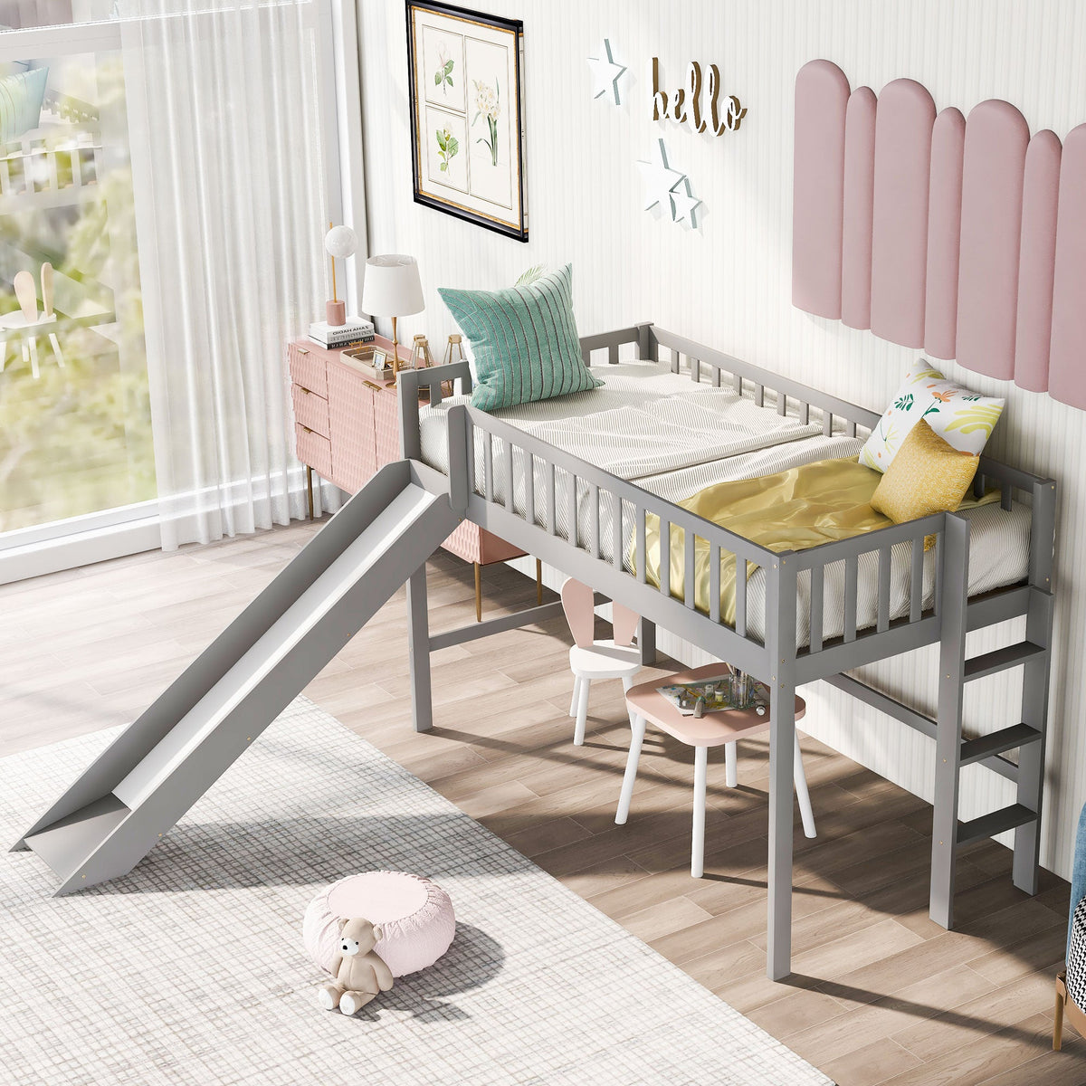 Twin Low Loft Bed with Slide and Ladder, Gray