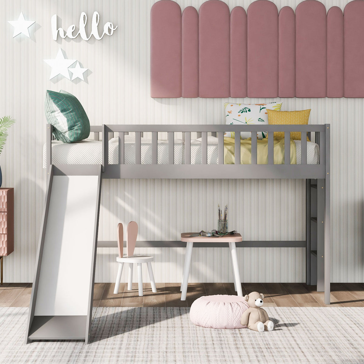 Twin Low Loft Bed with Slide and Ladder, Gray