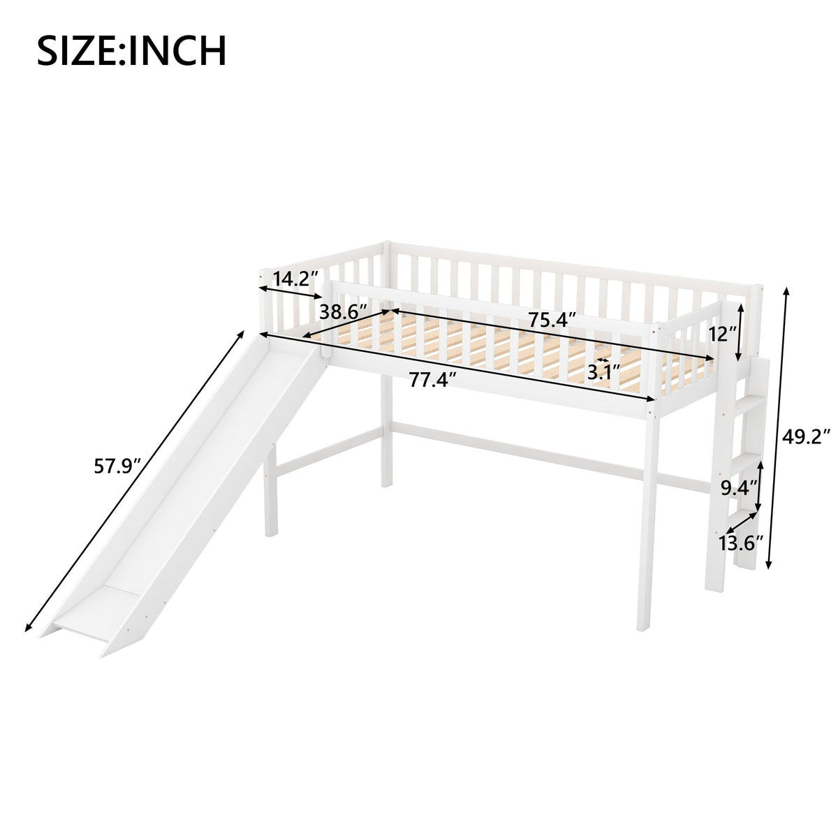 Twin Low Loft Bed with Slide and Ladder, White