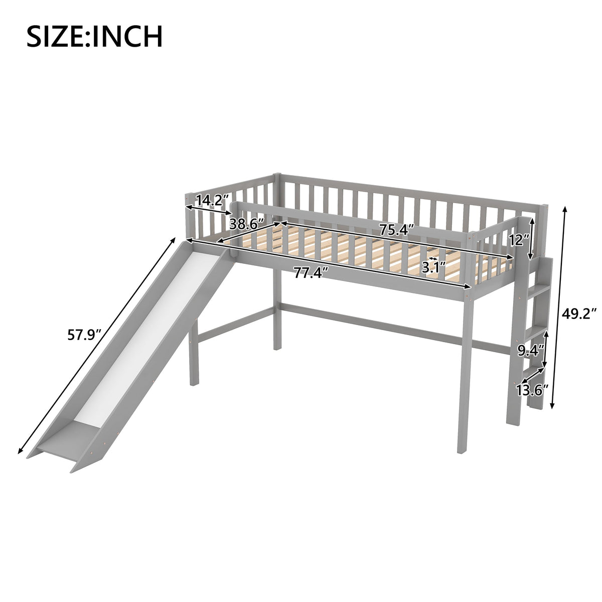 Twin Low Loft Bed with Slide and Ladder, Gray