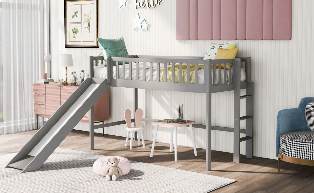 Twin Low Loft Bed with Slide and Ladder, Gray