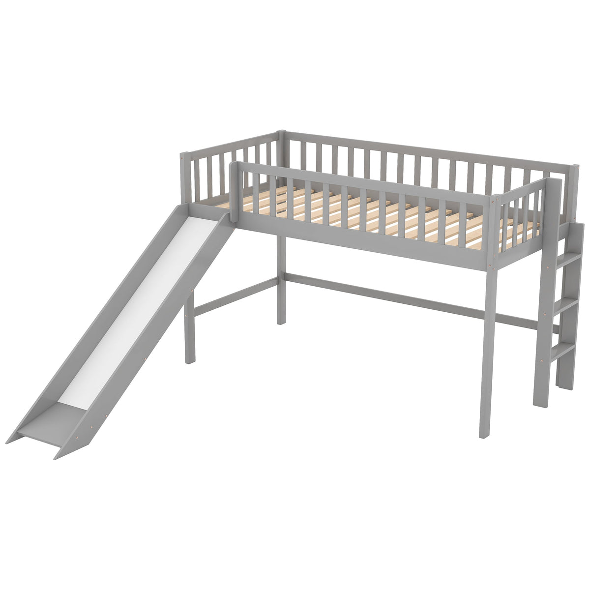 Twin Low Loft Bed with Slide and Ladder, Gray