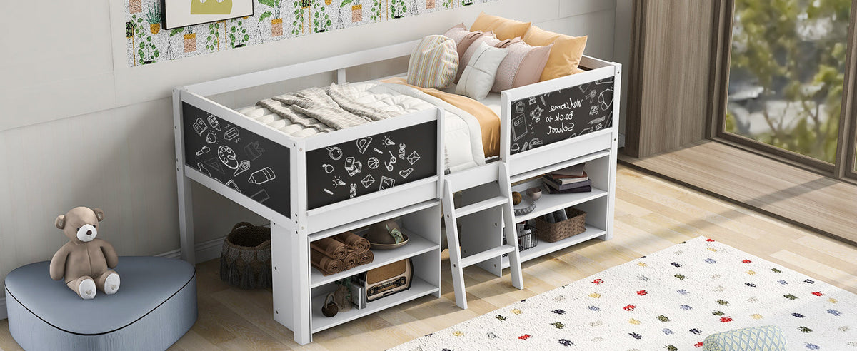 Low Loft Bed with Chalkboard Guardrail and Shelves