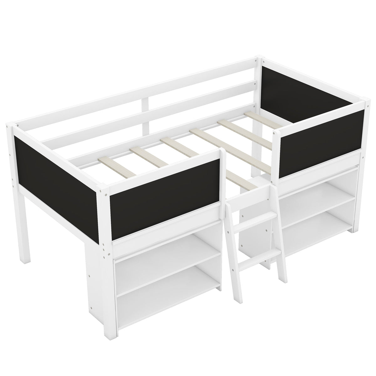Low Loft Bed with Chalkboard Guardrail and Shelves