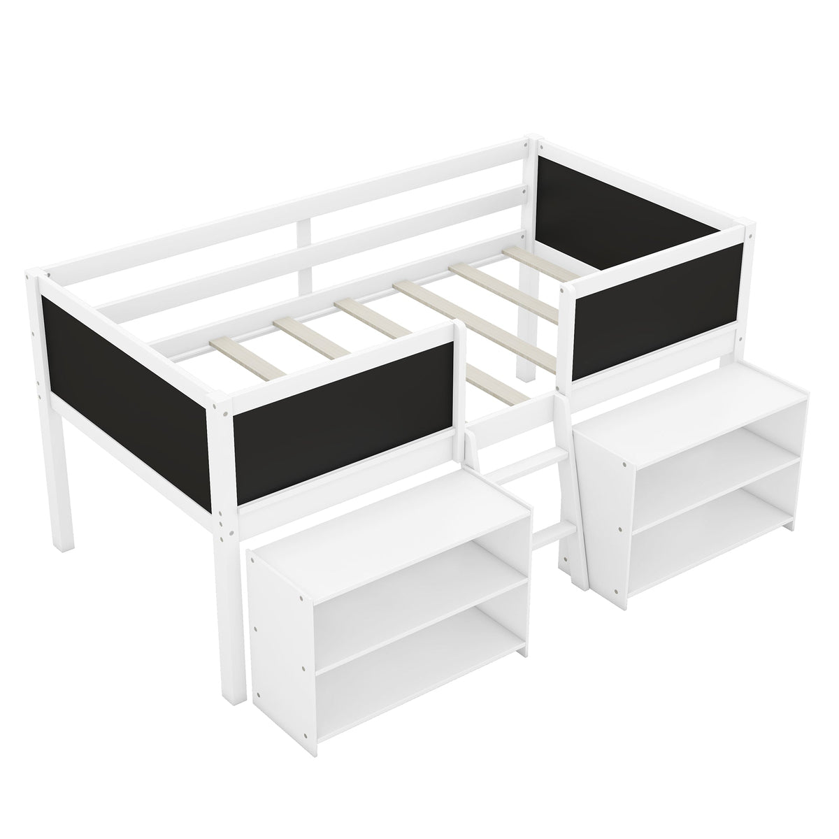 Low Loft Bed with Chalkboard Guardrail and Shelves