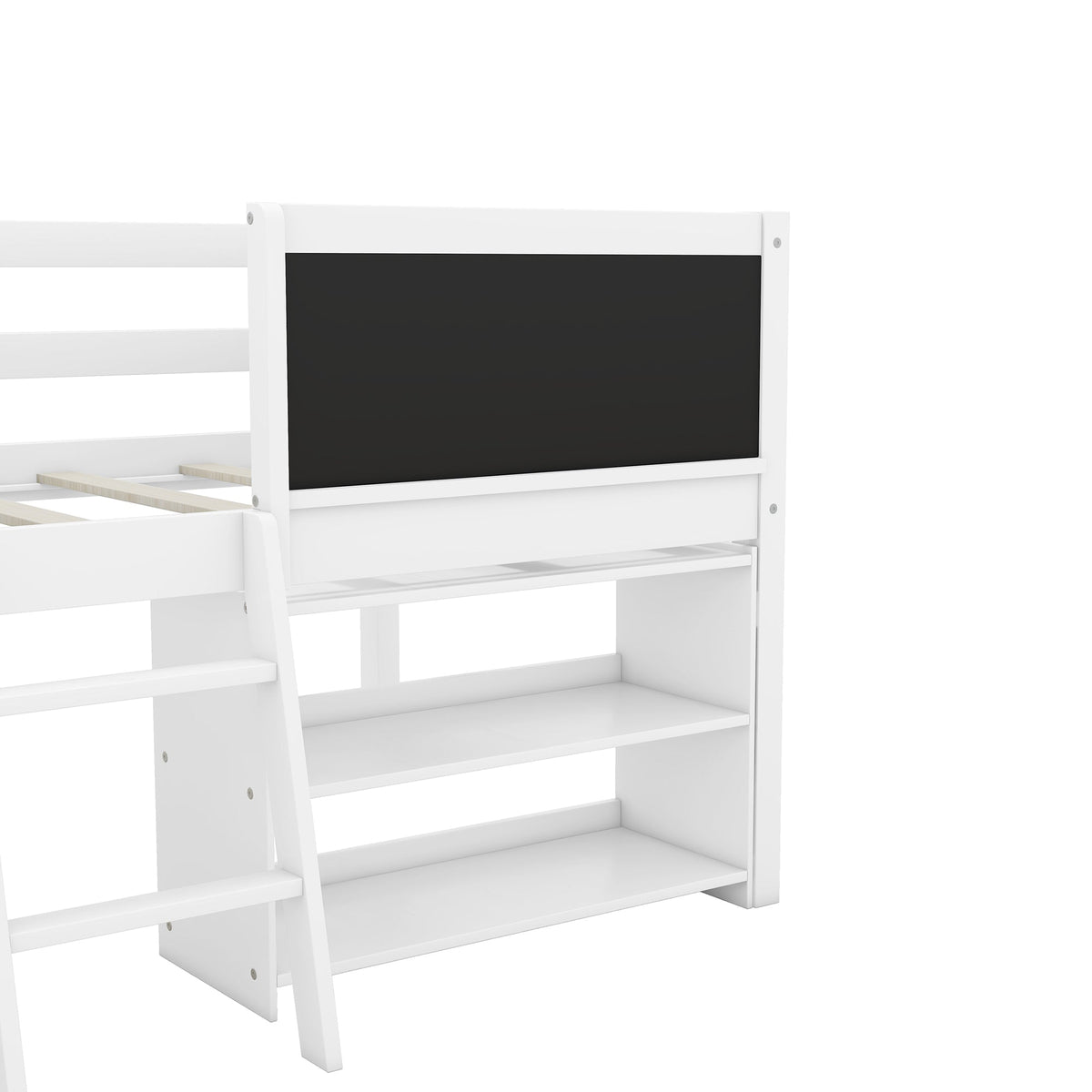 Low Loft Bed with Chalkboard Guardrail and Shelves