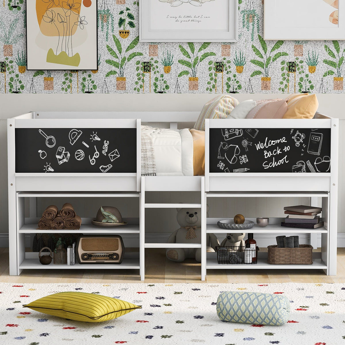 Low Loft Bed with Chalkboard Guardrail and Shelves