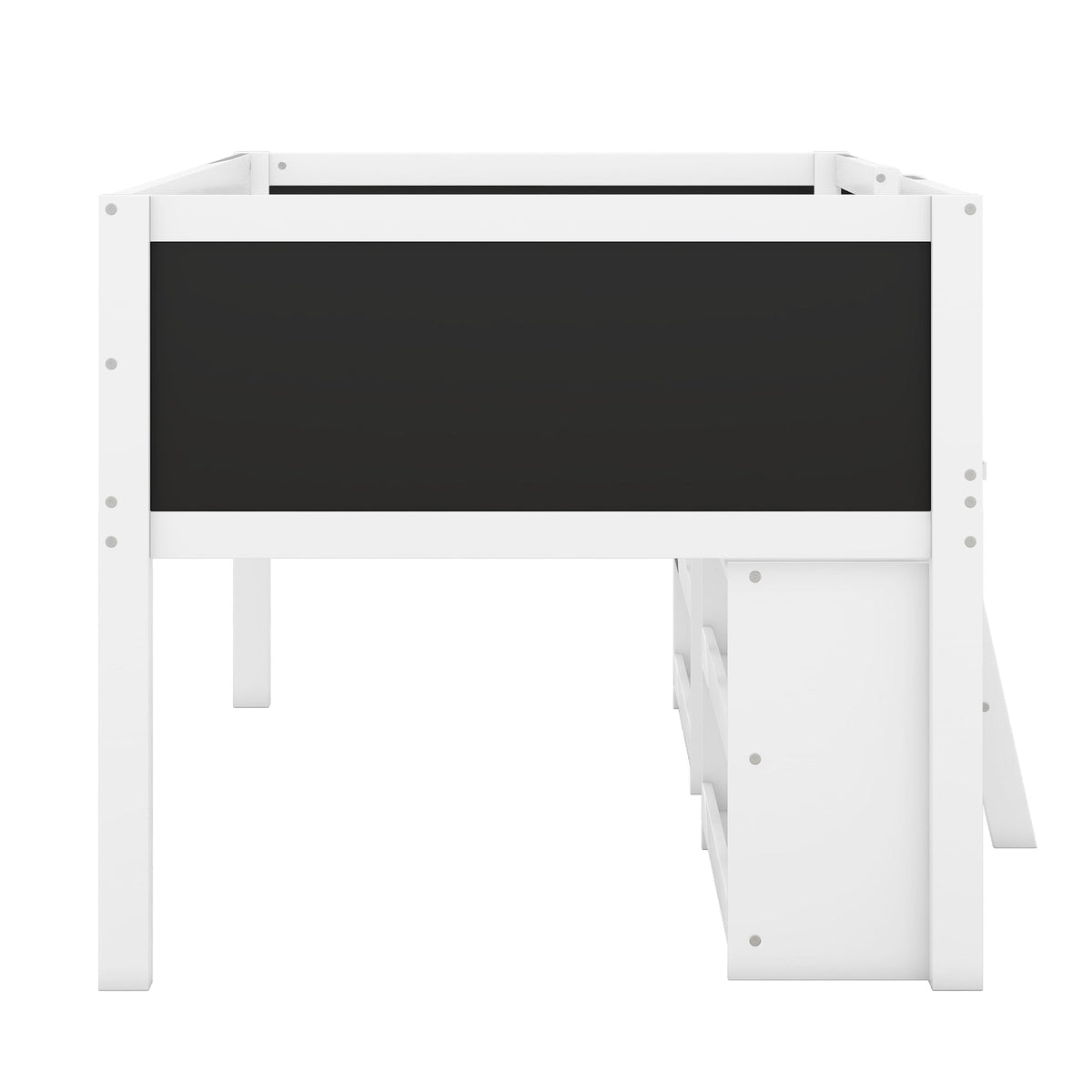 Low Loft Bed with Chalkboard Guardrail and Shelves