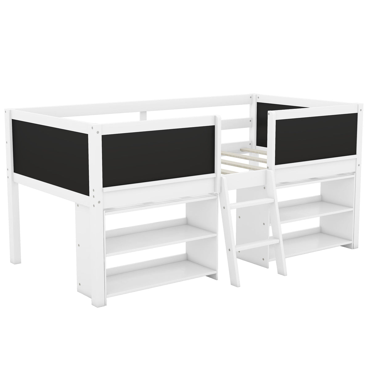 Low Loft Bed with Chalkboard Guardrail and Shelves