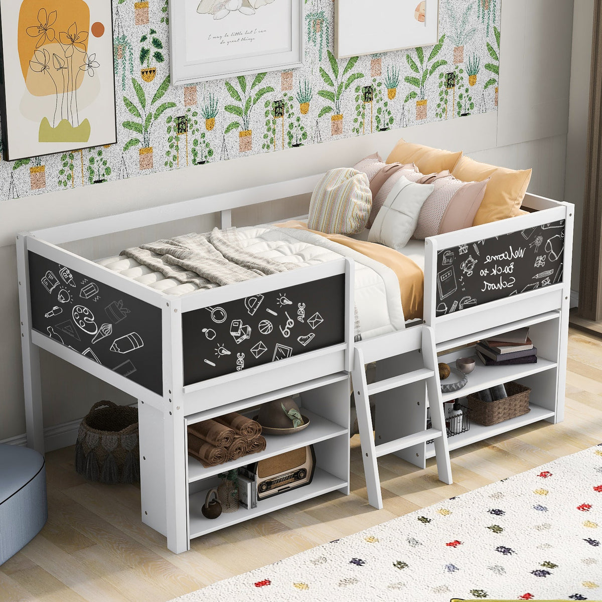 Low Loft Bed with Chalkboard Guardrail and Shelves