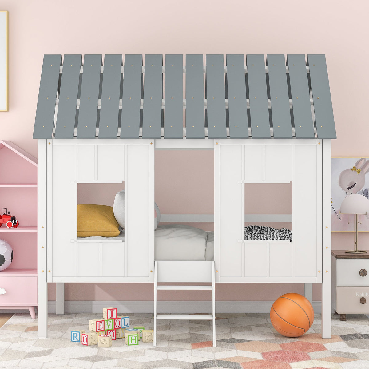 Twin Loft Bed with Playhouse Roof for Kids' Rooms