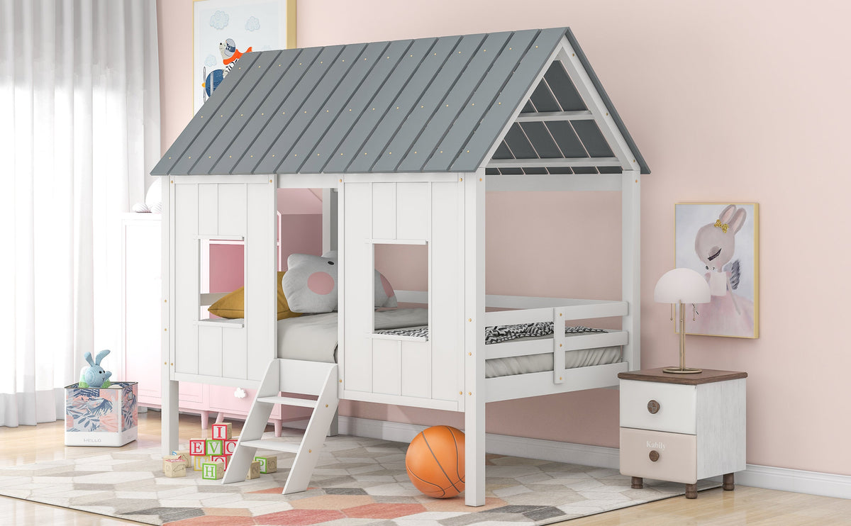 Twin Loft Bed with Playhouse Roof for Kids' Rooms