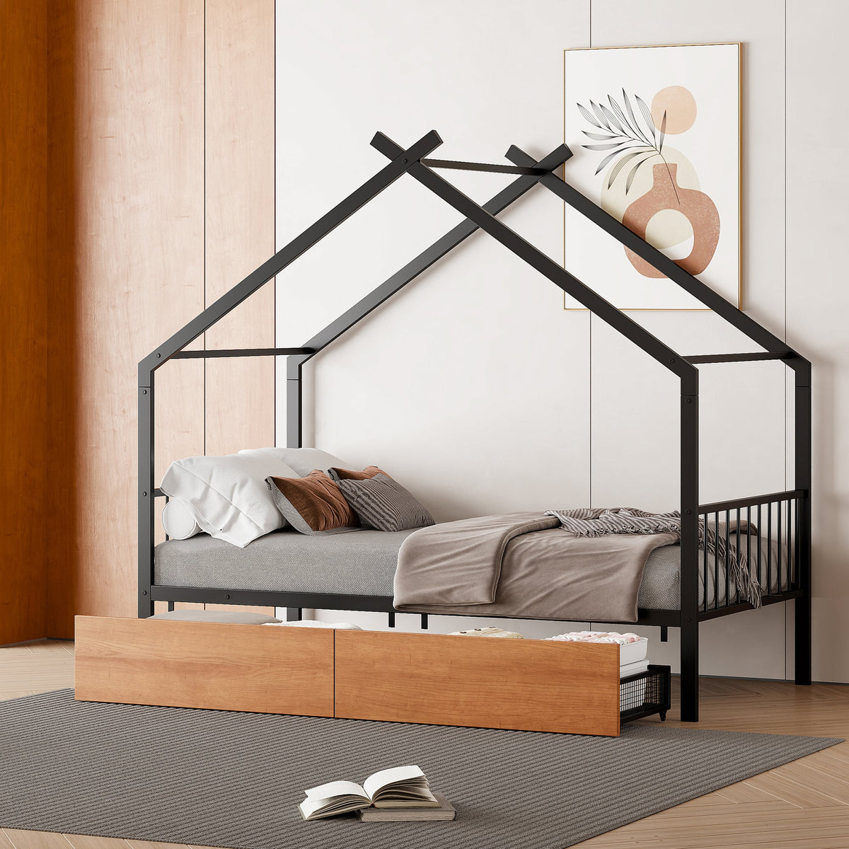 Twin Metal House Bed with 2 Rolling Storage Drawers